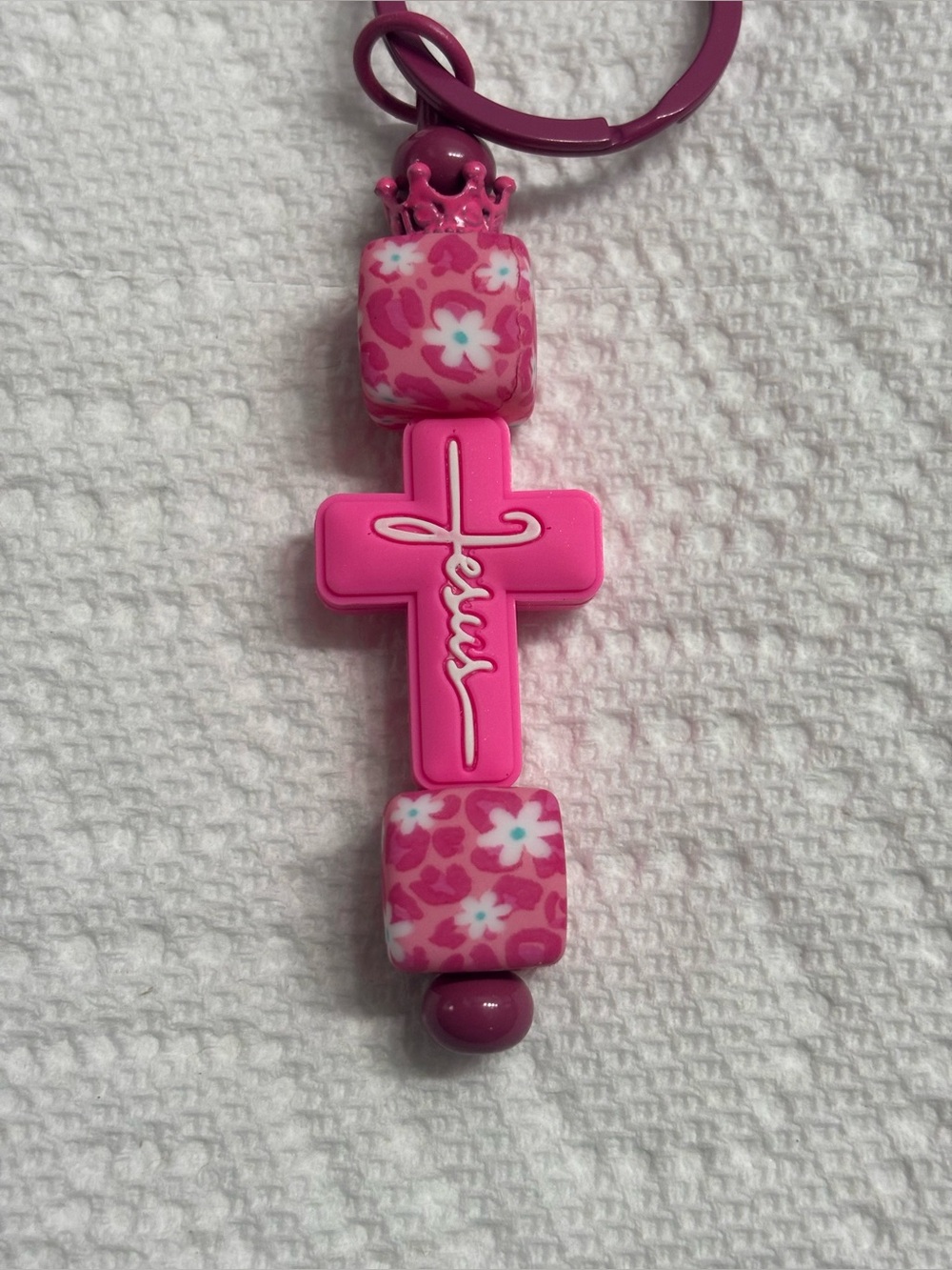 NIP Bright Pink Cross Keychain with Floral Beads